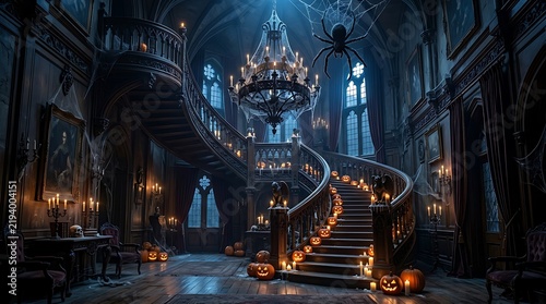Haunted castle with glowing jack o lanterns on spooky staircase at night