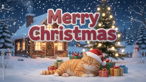 3D animated ginger cat wearing a Santa hat sleeping near Christmas presents in a snowy winter village, featuring glowing text for holiday greeting card videos and festive commercial ads.