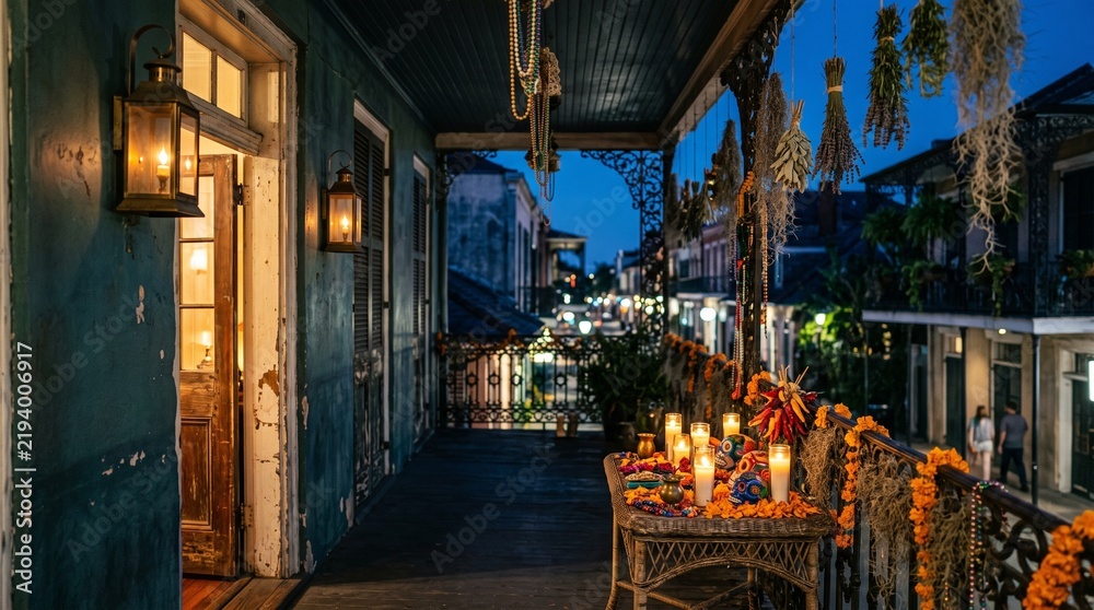 Fototapeta premium New Orleans Creole Cottage Porch with Voodoo Botanicals, Skulls, and Candlelit Altars 