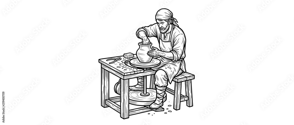 Fototapeta premium Artisan creating pottery on a wheel, hand-drawn style