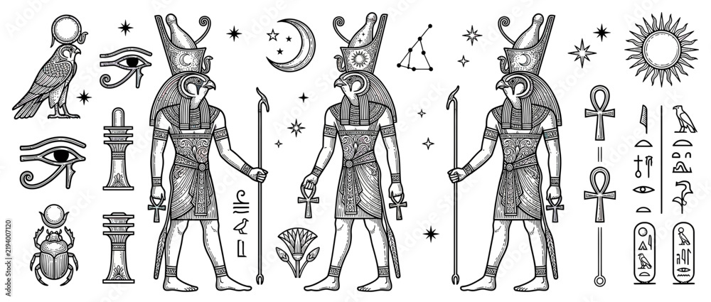 Obraz premium Ancient Egyptian Deity Figures with Hieroglyphs and Symbols
