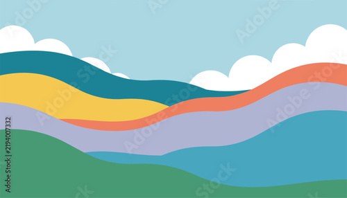 Colorful rolling hills and mountains landscape with soft clouds in sky depicted in simple minimalist vector style.