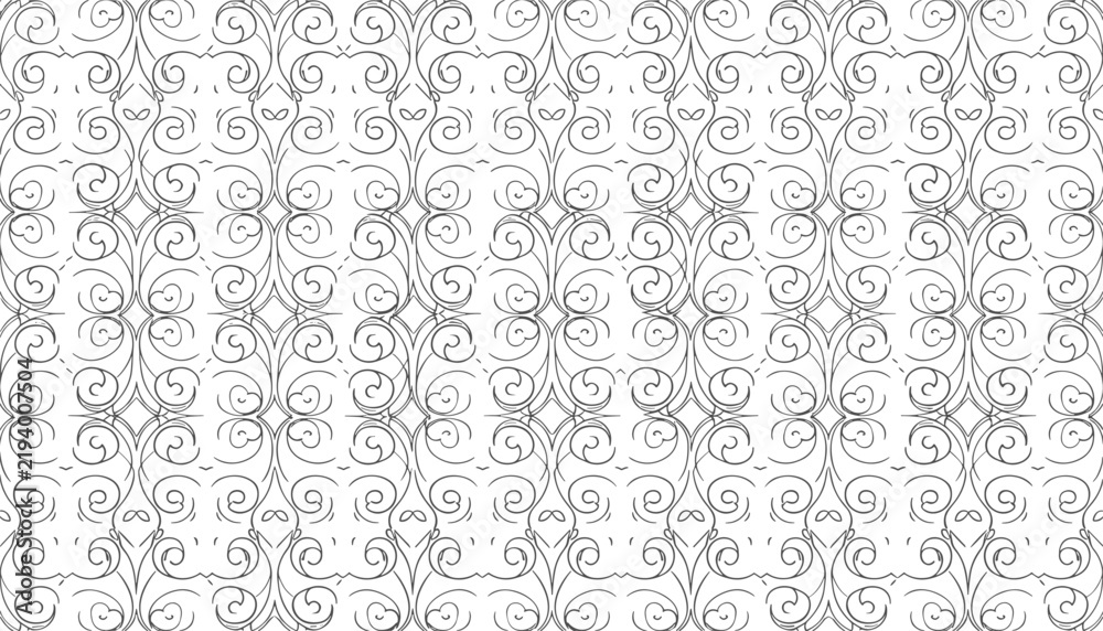 Fototapeta premium Elegant abstract black and white wireframe scroll pattern with intricate swirls and vintage ironwork style.