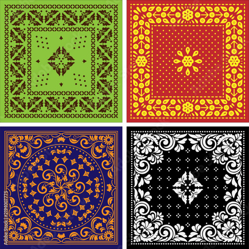 Vintage Paisley Bandana Pattern Vector Set Ornamental Square Kerchief Handkerchief Floral Scarf Graphic Template Textile Apparel Print Motif Collection Fabric Design art Illustration Drawing Flower