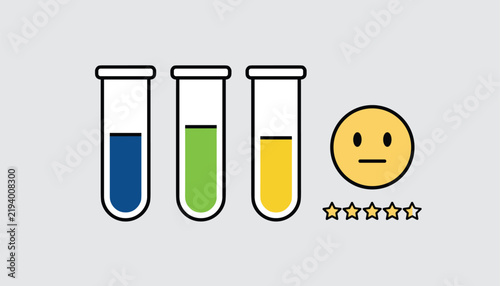Lab test tubes with colorful liquids standing next to a neutral face emoji and a five star rating.