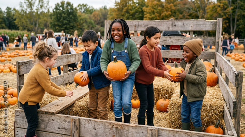 Children picking pumpkins from wooden wagon at farm, autumn harvest activity and family fall tradition