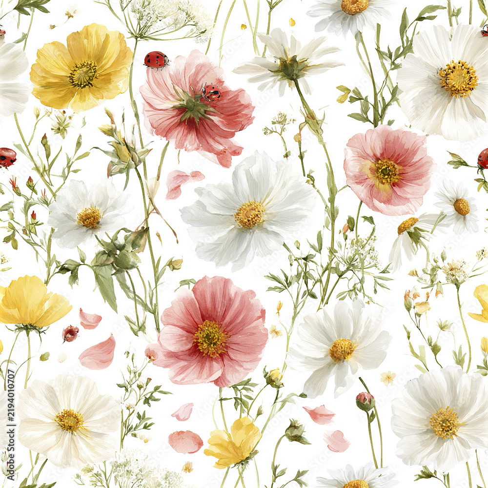 Fototapeta premium Delightful countryside garden seamless pattern with abundant white, pink, and yellow flowers and ladybugs creating fresh