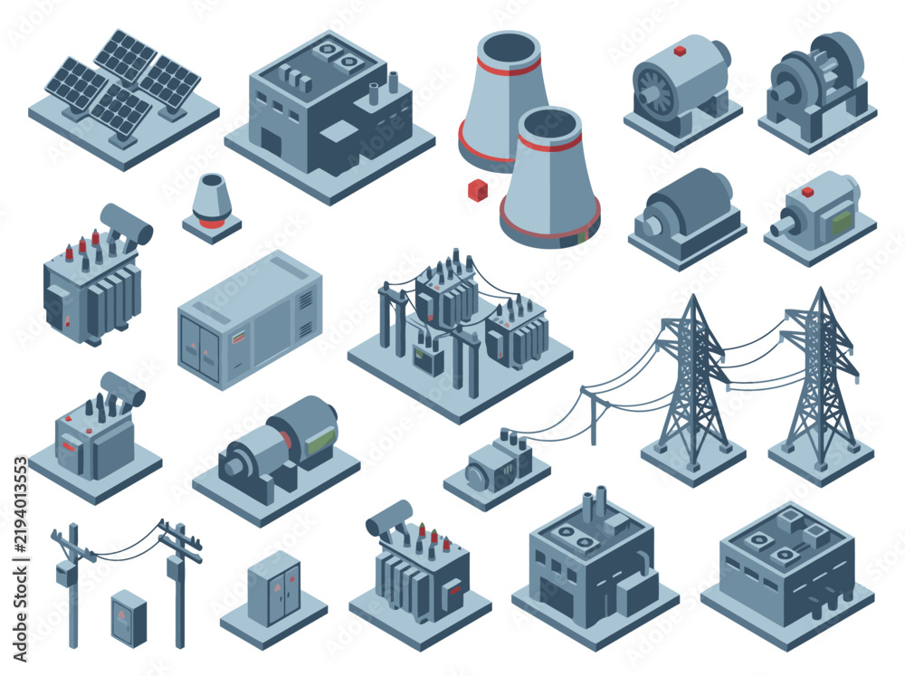Fototapeta premium Isometric icons collection of energy and power generation infrastructure