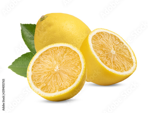 Ripe yellow lemon citrus fruit with green leaf and half on transparent png