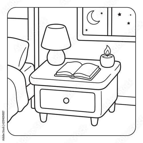 Cozy Bedroom Nightstand with Lamp Book and Candle Coloring Page for Kids Vector Illustration
