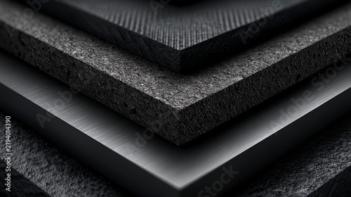 Stacked layers of black industrial rubber foam sheets with textured surfaces in a geometric composition