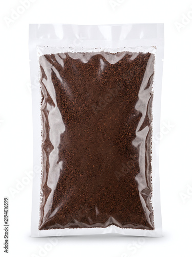 Coffee powder in a transparent plastic pouch isolated on white background