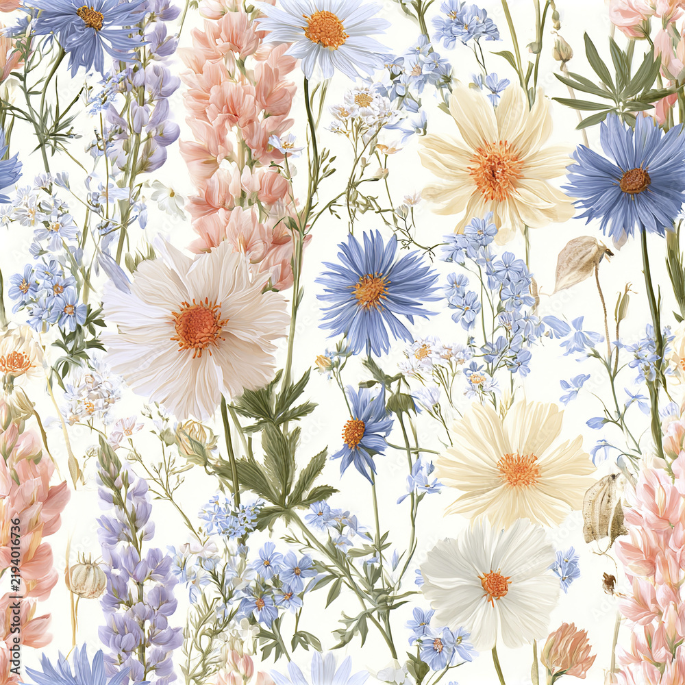 Obraz premium Wildflower field seamless pattern with pastel blue, peach, and cream flowers creating soft, delicate floral design