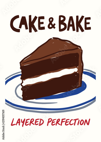 Chocolate cake slice illustration for bakery branding and artisanal cafe menus