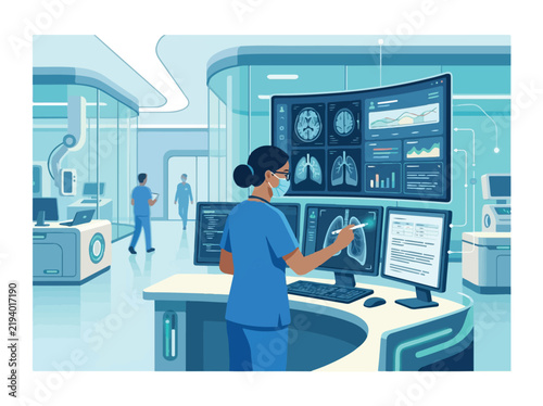 Medical professional analyzing patient health data on digital screens vector illustration for futuristic healthcare and smart clinic technology