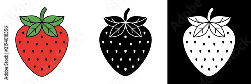 Set of three strawberry illustrations in different styles.