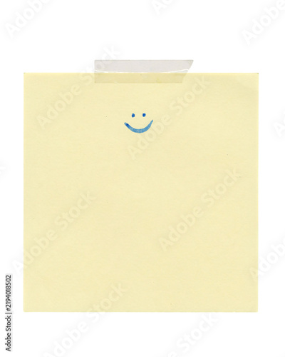 Konstfotografi Yellow sticky note with blue smiley face and tape solated on transparent backgro