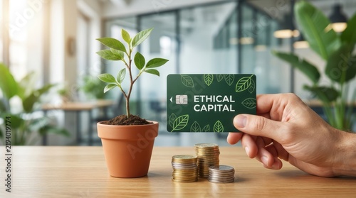 Sustainable finance growth Concepts. Hand holding ethical capital card near small plant and stacked coins on wooden table in modern bright office room