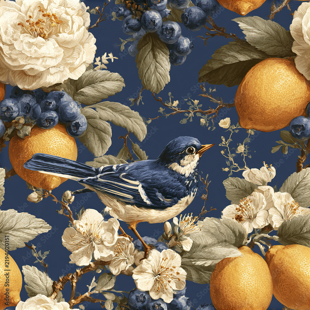 Obraz premium Blue bird perched on floral branch with lemon and blueberry pattern on dark background, elegant vintage nature design