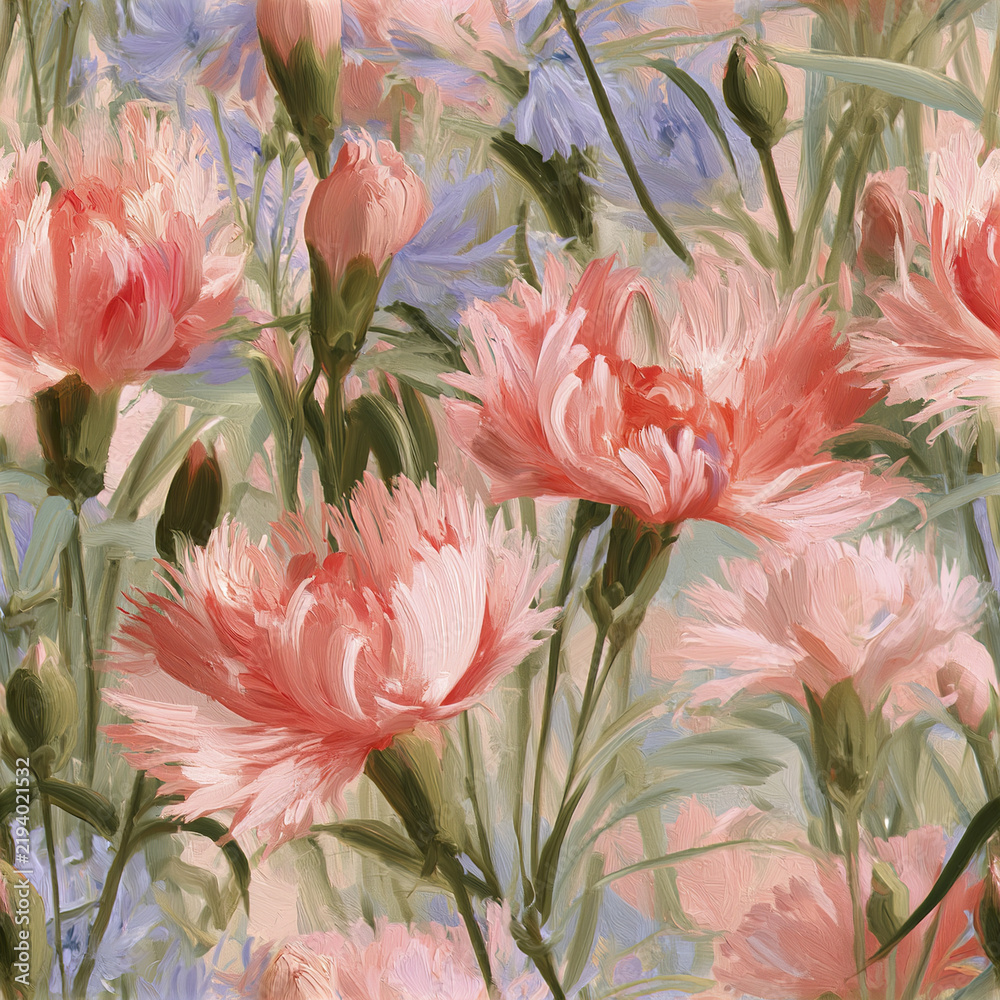 Obraz premium Impressionist carnation meadow seamless pattern with large coral pink flowers and soft blue accents creating gentle floral