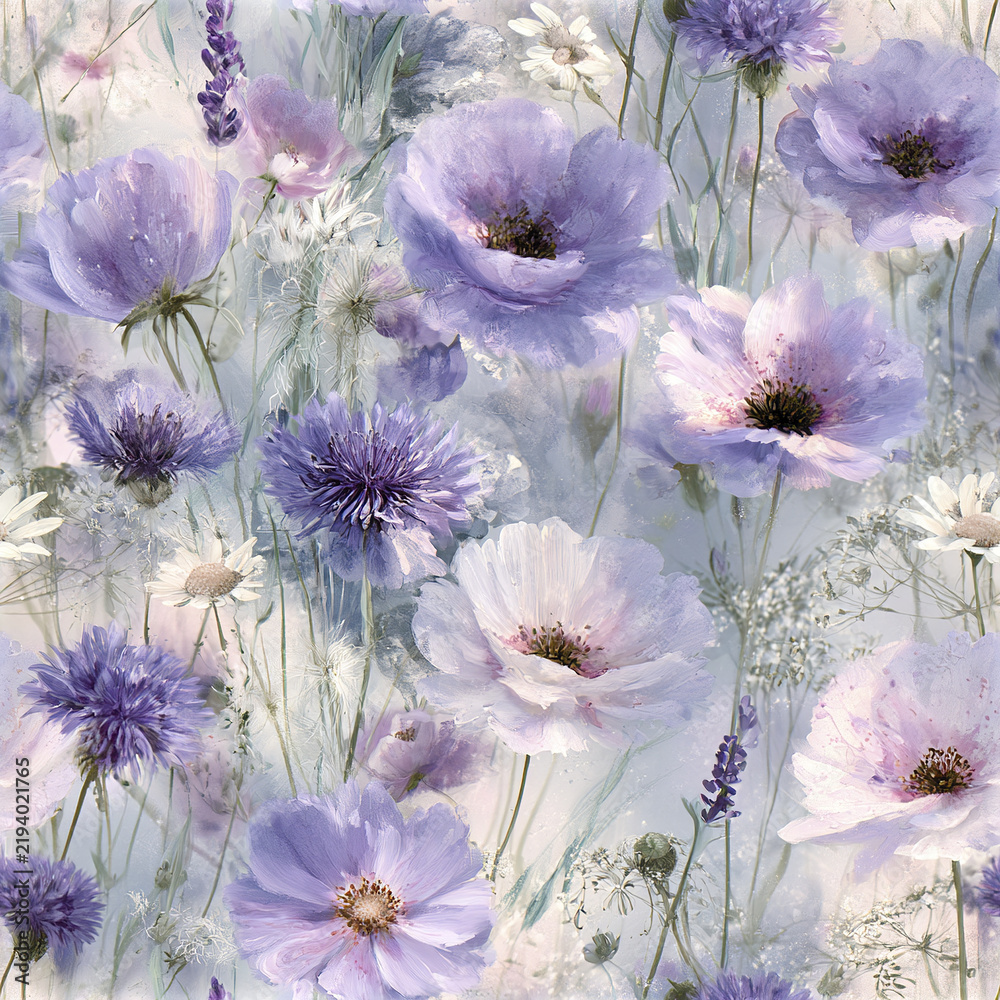 Obraz premium Impressionist purple flower meadow seamless pattern with soft petals and delicate wildflowers creating calm and dreamy