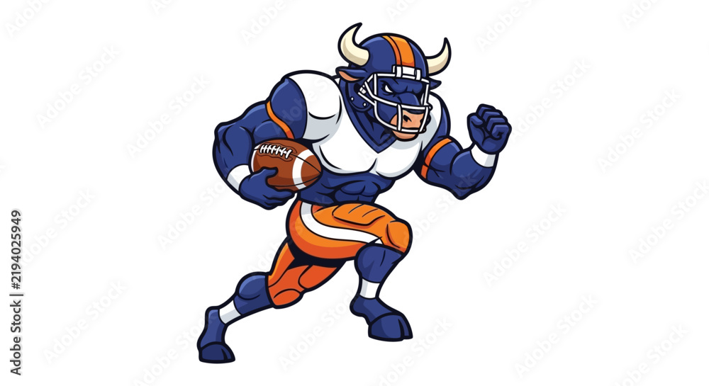 Obraz premium Bull mascot character wearing football gear and holding a ball while running aggressively forward.