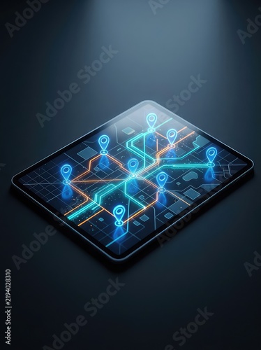 An illuminated digital map on a glowing screen shows multiple location pins connected by data lines for SEO positioning services optimization, search results, digital marketing, targeted audience