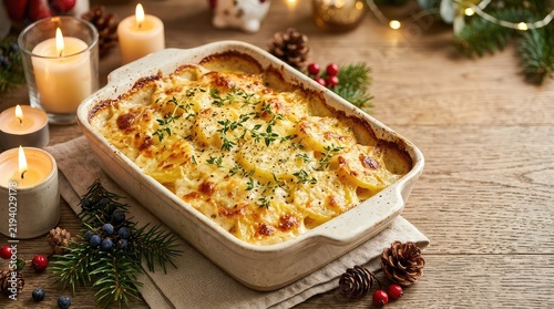 Bubbling golden brown potato gratin with melted cheese and fresh thyme is presented in a ceramic dish among warm candles and festive holiday decorations, pinecones, homemade, close-up