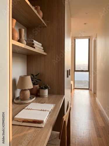 Modern Minimalist Home Office Nook with Warm Wood Tones, Natural Sunlight, Ceramic Decor, and Open Planner on Desk in a Cozy Apartment Hallway Interior Design Concept for Remote Work Lifestyle