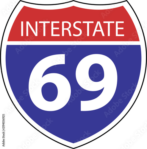 US Interstate 69 highway icon. US Interstate 69 highway sign with route number and text. Interstate highway 69 road symbol. flat style