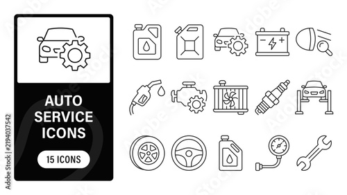 Auto service icon set. Featuring motor oil, car battery, fuel nozzle, engine, radiator, spark plug, and car lift. Vector line icons for mechanic shops, automotive flyers, and car maintenance apps