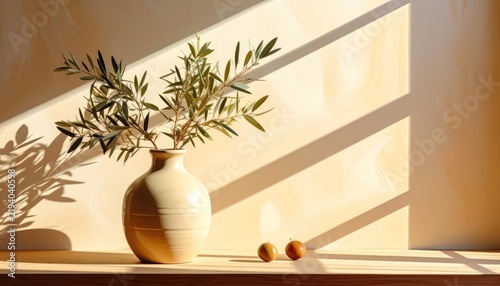 Olive branches in vase with sunlight and shadows.
