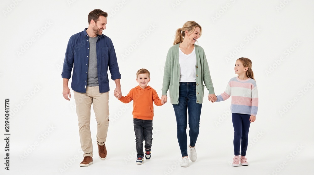 Obraz premium Happy family of four walking together holding hands isolated on white background