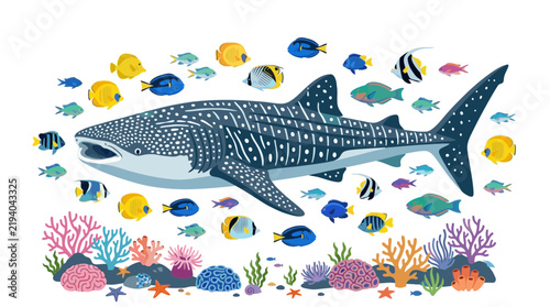 Whale Shark and Diverse Tropical Fish on Coral Reef
