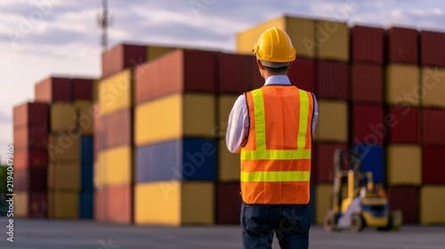 Logistics Worker Supervising Container Yard Operations with Safety Gear at Sunset