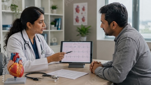doctor explains an electrocardiogram (ECG) report to a male patient in a medical office.