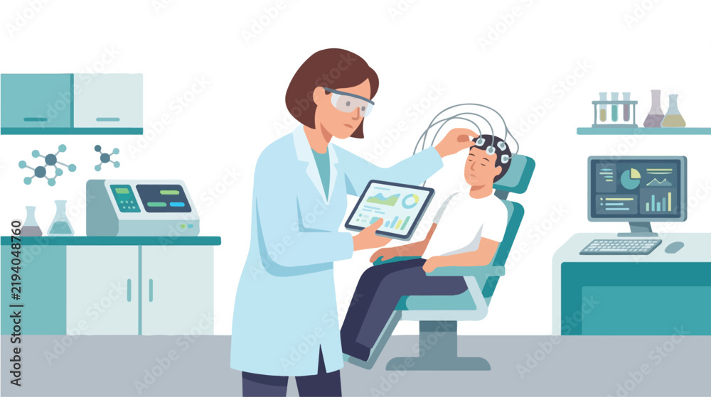 Fototapeta premium Female scientist monitoring patient brain activity flat vector illustration for neuroscience research and medical health diagnostics concept