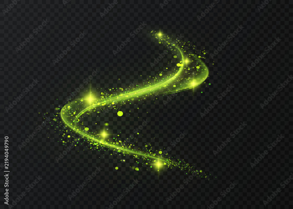 Obraz premium Green glowing magic light trail with sparkling particles, bright stars and dynamic curved swirl. Abstract vector energy effect.