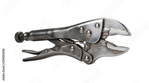 Industrial locking pliers with adjustable steel jaws, heavy duty metal vice grips for mechanical repair, professional chrome mole wrench hand tool isolated PNG with Transparent Background