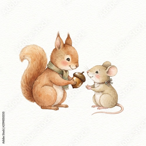 Watercolor illustration of a cute squirrel wearing a scarf offering an acorn to a small mouse
