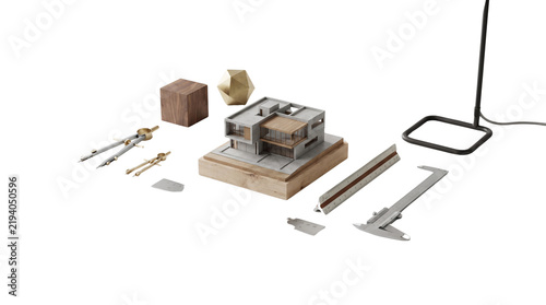 Architectural scale model of modern house with drafting tools, professional architect workspace with compass and calipers, miniature building design concept isolated PNG with Transparent