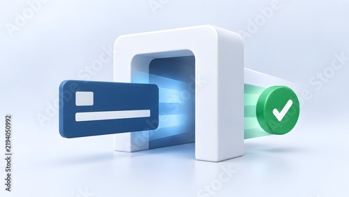 3D render of a blue credit card passing through a security scanner with a green checkmark showing approved transaction and secure payment
