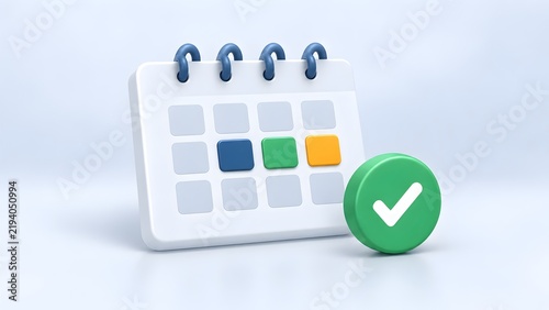 3D illustration of a white calendar with colorful dates and a green checkmark indicating successful scheduling and confirmed appointments