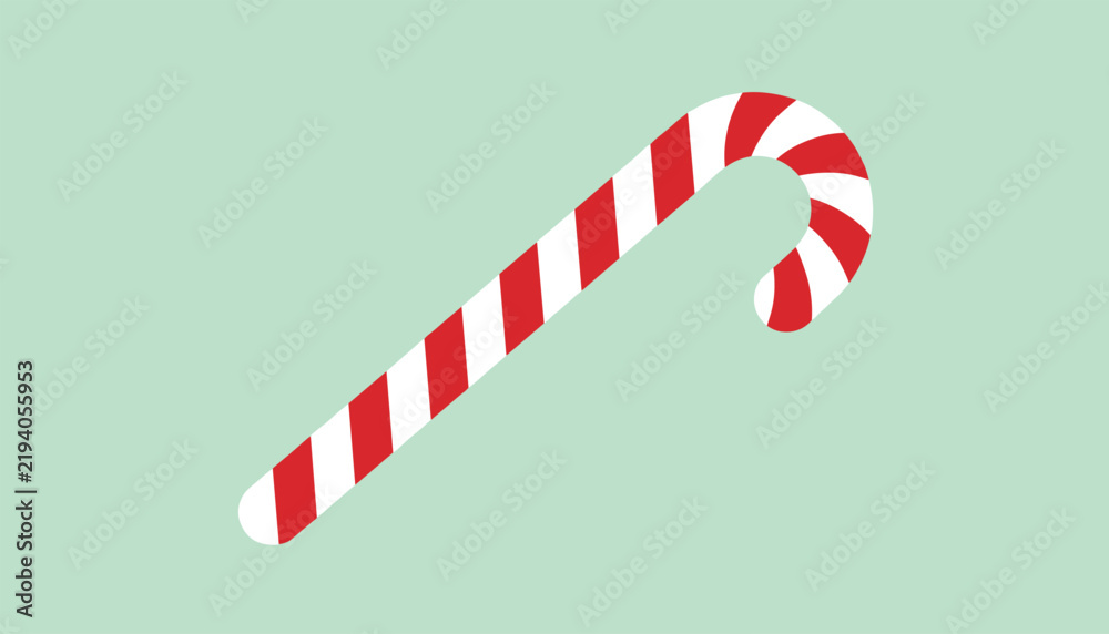 Obraz premium Simple graphic illustration of a red and white striped Christmas candy cane on a solid light green background.