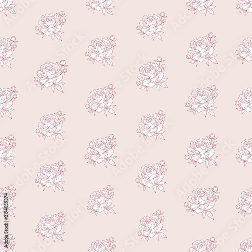 Seamless Burgundy Peony Line Art Floral Pattern on Pastel Pink Background