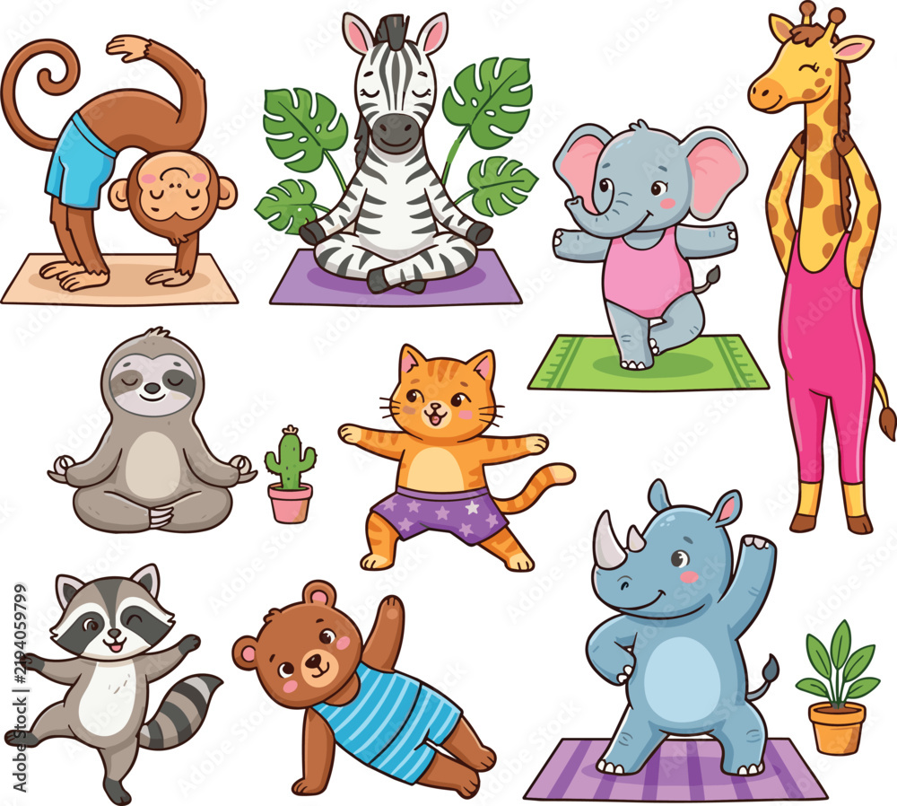 Fototapeta premium Cute cartoon animals doing yoga fitness exercises collection featuring monkey zebra elephant giraffe sloth cat raccoon bear and rhino practicing on mats vector illustration