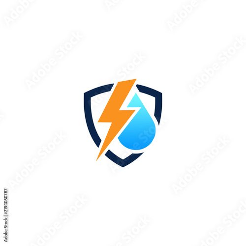 Shield with Lightning Bolt and Water Drop Utility Logo