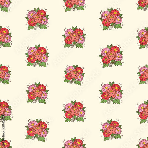 Kawaii Flower Bouquet Seamless Pattern with Cute Smiling Faces