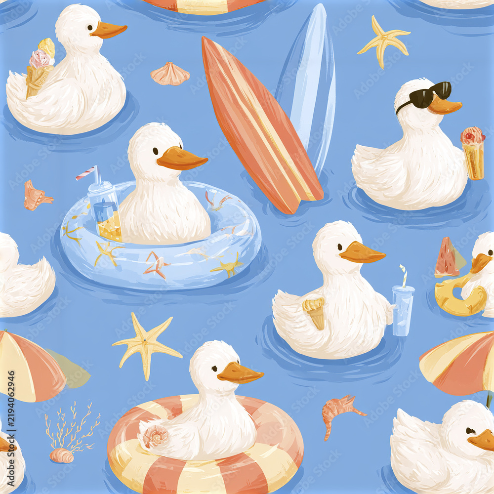 Obraz premium Pool party duckling seamless pattern with cute white ducklings floating on blue water with ice cream and surfboards