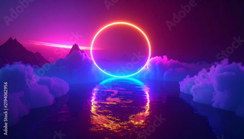 Luminous Portal: Glowing Neon Ring over Surreal Cloud Ocean